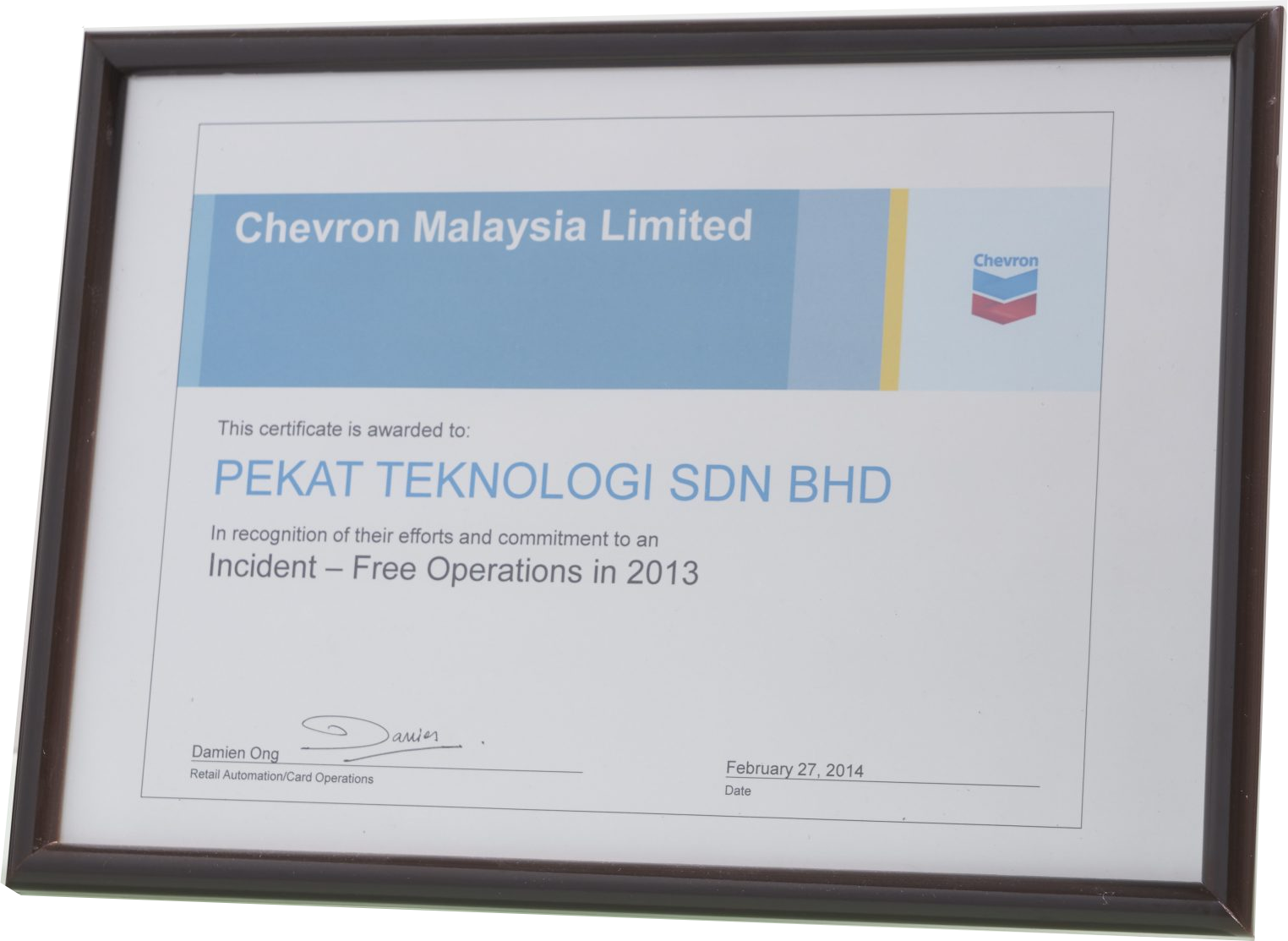 Incident-Free Operations by Chevron Malaysia in 2013